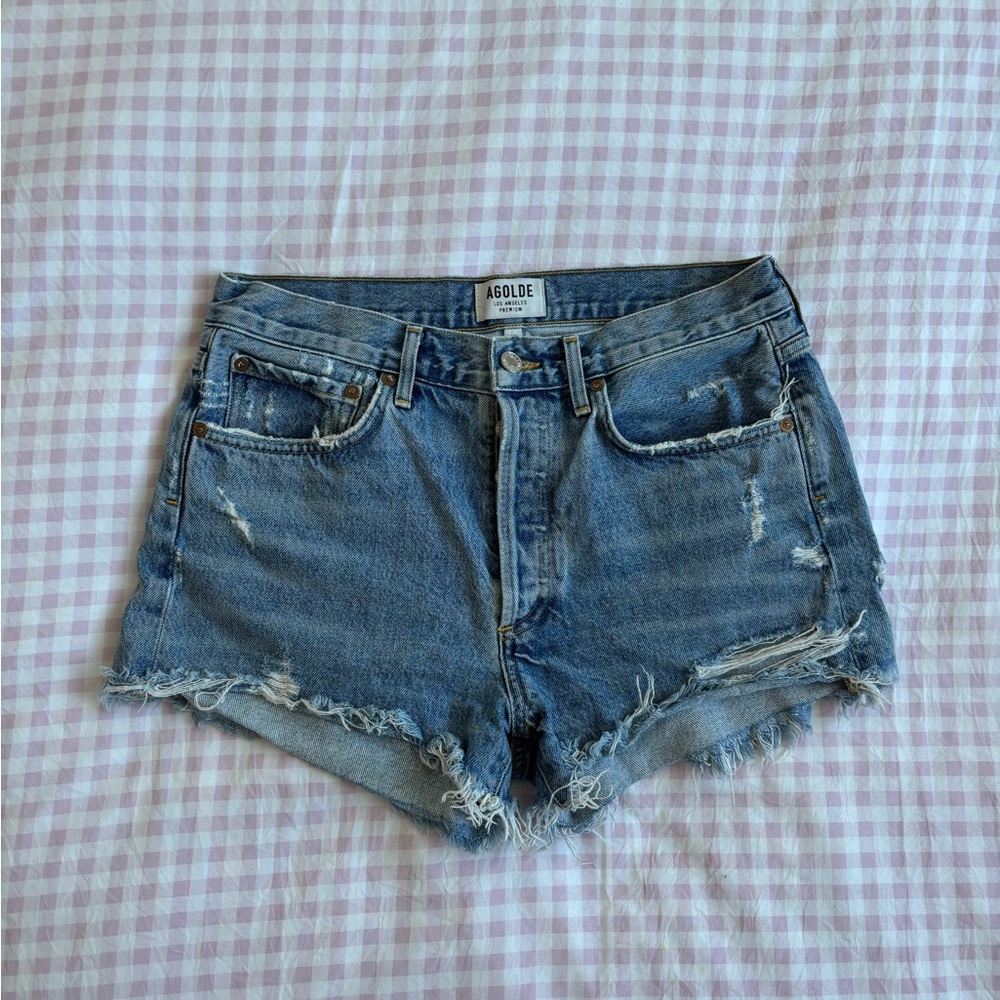 Agolde Frayed Hem Blue Jean Shorts